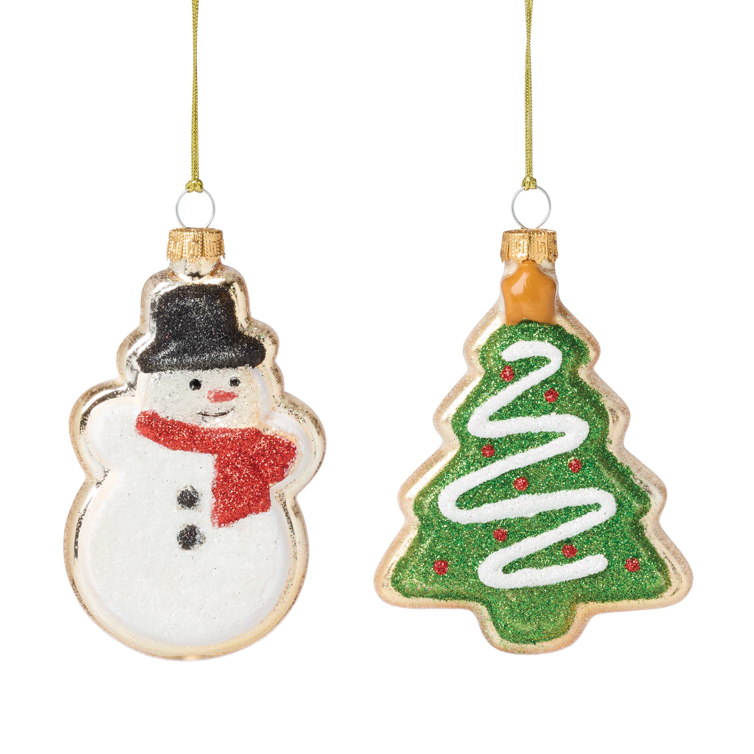 Blown Glass Snowman & Tree Cookie Ornaments 2-Piece Set